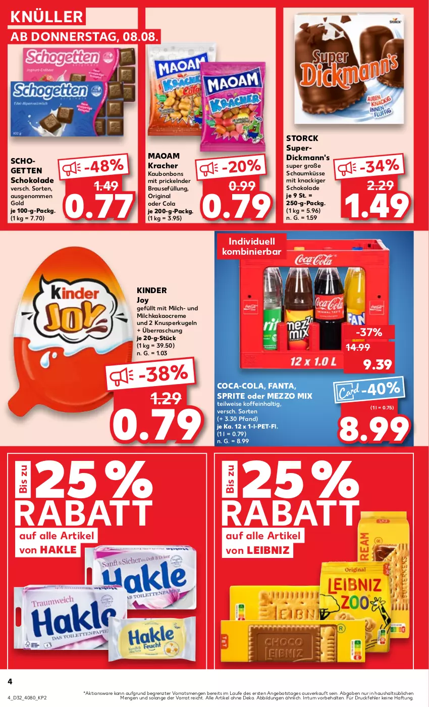 Aktueller Prospekt Kaufland - Prospekt - von 08.08 bis 14.08.2024 - strona 4 - produkty: angebot, bonbons, brause, coca-cola, cola, creme, Dickmann's, eis, fanta, gin, hakle, kakao, Kinder, kracher, Kugel, leibniz, maoam, Mezzo Mix, milch, schogetten, schoko, schokolade, sprite, storck, Ti, ZTE