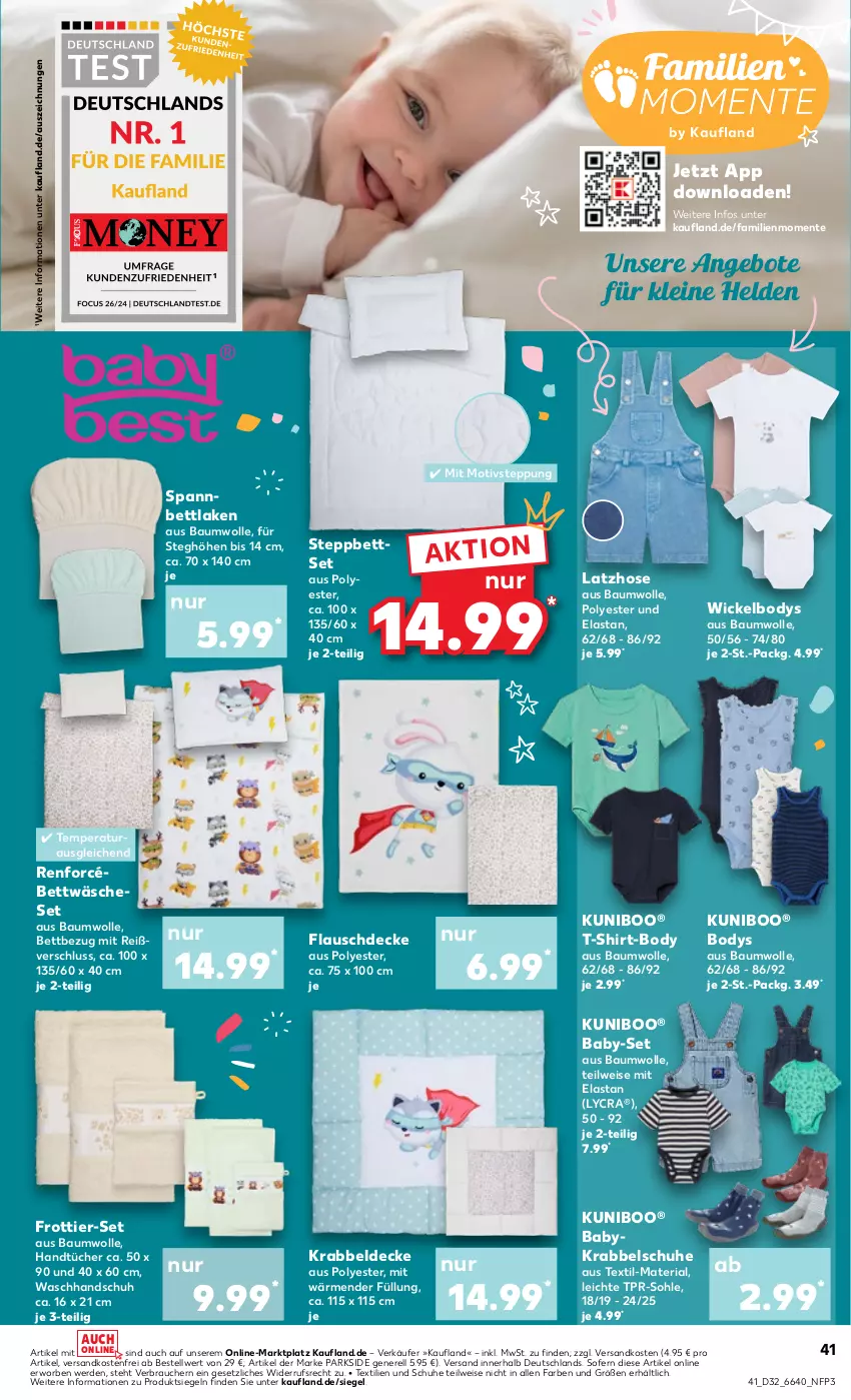 Aktueller Prospekt Kaufland - Prospekt - von 08.08 bis 14.08.2024 - strona 41 - produkty: angebot, angebote, Bau, baumwolle, bett, bettwäsche, body, decke, eis, ente, erde, Frottier-Set, handtücher, hose, Krabbeldecke, Latzhose, leine, ndk, Parkside, Rauch, rel, Ria, schuhe, shirt, spannbettlaken, steppbett, T-Shirt, Ti, tücher, versandkostenfrei, waschhandschuh, WICK, Wickelbody, wolle