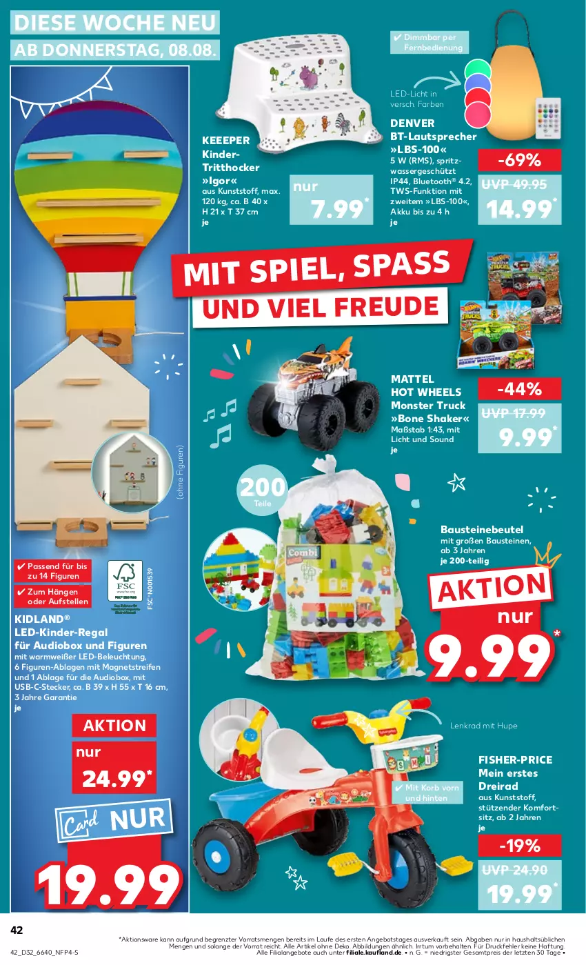 Aktueller Prospekt Kaufland - Prospekt - von 08.08 bis 14.08.2024 - strona 42 - produkty: akku, angebot, angebote, aust, Bau, beleuchtung, beutel, Dreirad, eis, elle, fernbedienung, hocker, Hot Wheels, Kinder, korb, lautsprecher, led-beleuchtung, led-licht, Magnets, Mattel, monster, Monster Truck, regal, reifen, reis, shake, Ti, usb, wasser, ZTE