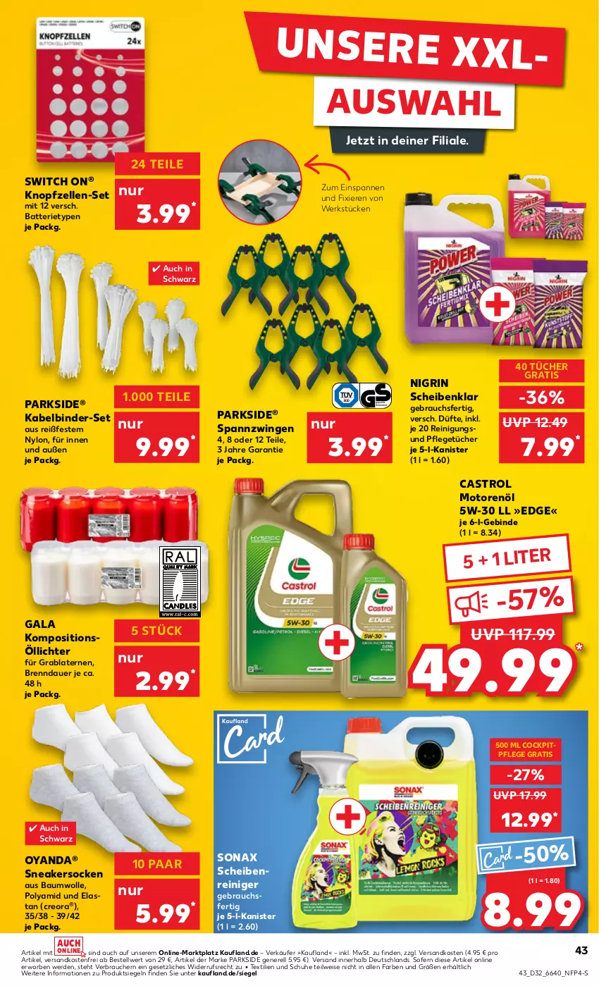 Aktueller Prospekt Kaufland - Prospekt - von 08.08 bis 14.08.2024 - strona 43 - produkty: auer, batterie, Bau, baumwolle, eis, elle, erde, laterne, motorenöl, ndk, Nigrin, Parkside, Rauch, reiniger, Reinigung, rel, Scheibenreiniger, schuhe, sneaker, sneakersocken, socken, sonax, Ti, tücher, versandkostenfrei, wolle