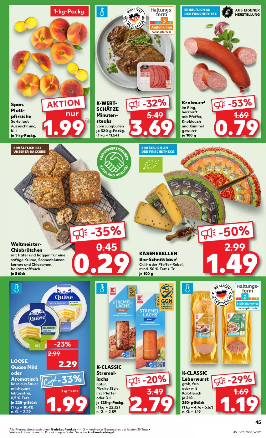 Aktueller Prospekt Kaufland - Prospekt - von 08.08 bis 14.08.2024 - strona 45 - produkty: angebot, angebote, auer, ball, bio, blume, blumen, brötchen, chia, chili, eis, elle, fleisch, gewürz, hafer, jungbullen, Kalbfleisch, Käse, Käserebellen, knoblauch, krakauer, lachs, leberwurst, Loose, Meister, milch, minutensteaks, mit kalbfleisch, natur, pfeffer, pfirsich, pfirsiche, plattpfirsiche, quark, quäse, rebell, reis, ring, rum, saft, schnittkäse, sonnenblume, sonnenblumen, Sonnenblumenkerne, sonnenblumenkernen, steak, steaks, Ti, tisch, wurst, ZTE