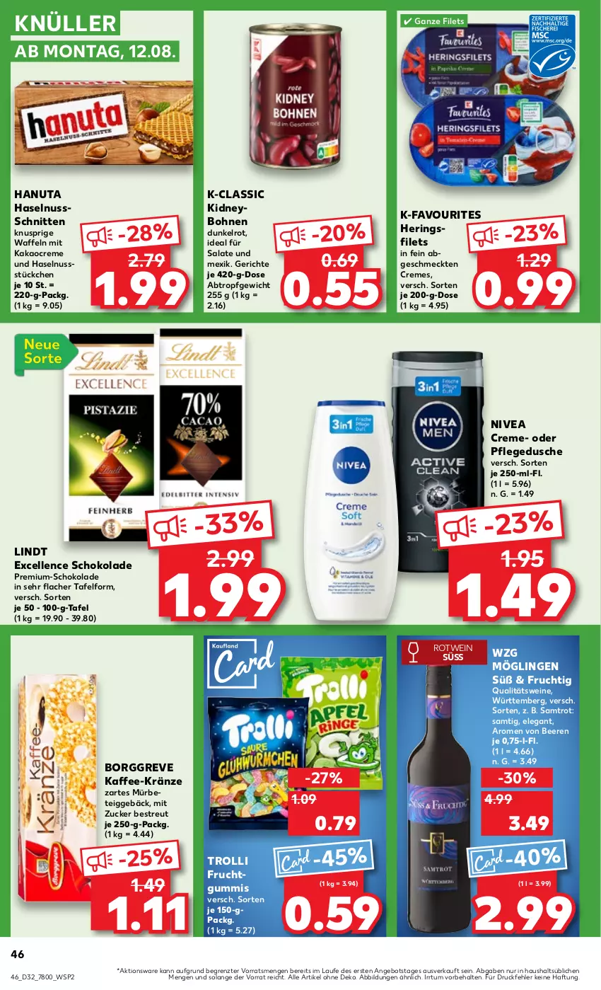 Aktueller Prospekt Kaufland - Prospekt - von 08.08 bis 14.08.2024 - strona 46 - produkty: angebot, beere, beeren, bohne, bohnen, creme, dusche, elle, filet, filets, frucht, fruchtgummi, fruchtgummis, hanuta, haselnuss, hering, Herings, heringsfilets, kaffee, kakao, kidney, lindt, nivea, nuss, pflegedusche, qualitätswein, qualitätsweine, ring, rotwein, salat, salate, schnitten, schoko, schokolade, Ti, trolli, trolli fruchtgummi, waffeln, wein, weine, ZTE, zucker