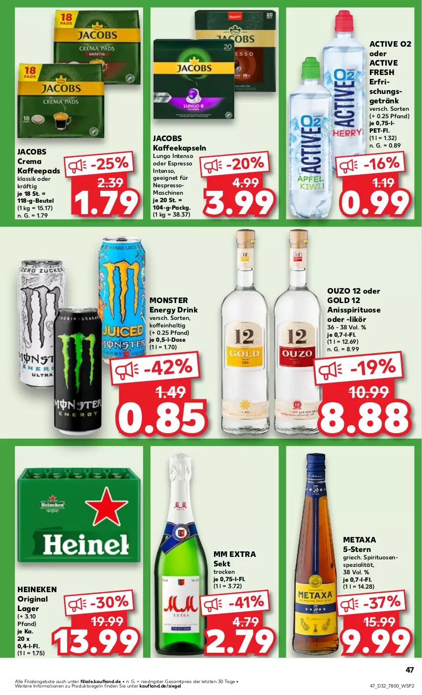 Aktueller Prospekt Kaufland - Prospekt - von 08.08 bis 14.08.2024 - strona 47 - produkty: angebot, angebote, beutel, drink, eis, energy drink, erfrischungsgetränk, espresso, getränk, gin, heineken, intenso, jacobs, Jacobs Crema, kaffee, kaffeekapseln, kaffeepads, likör, lungo, Metaxa, mm extra, monster, Monster Energy, nespresso, oder espresso, ouzo, ouzo 12, reis, sekt, Spezi, spirituosen, Ti, ZTE