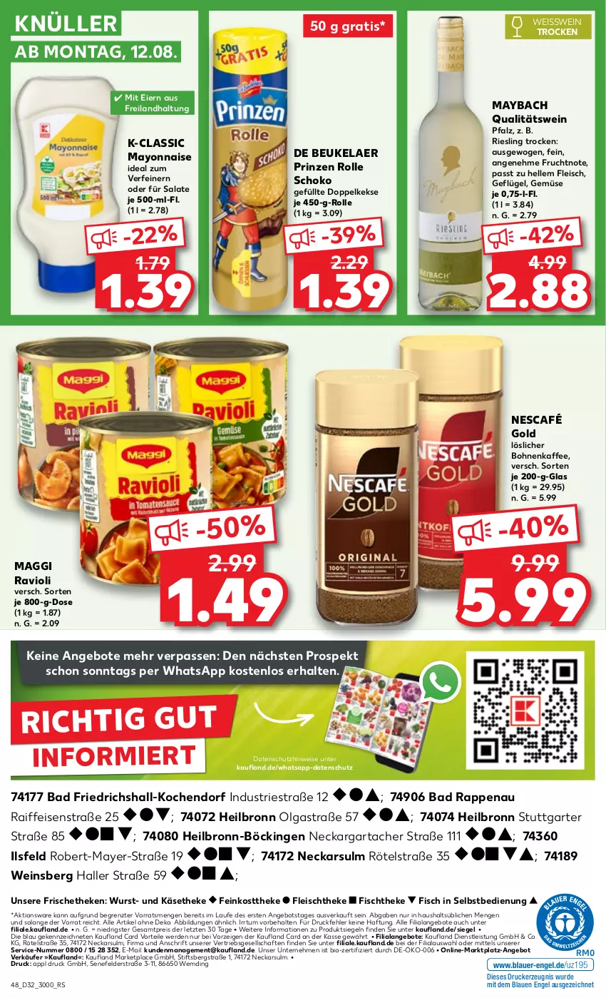 Aktueller Prospekt Kaufland - Prospekt - von 08.08 bis 14.08.2024 - strona 48 - produkty: angebot, angebote, Astra, Bad, bio, bohne, bohnen, bohnenkaffee, de beukelaer, Doppelkekse, drucker, eier, eis, elle, Engel, erde, feinkost, feinkosttheke, fisch, fischtheke, fleisch, frucht, Geflügel, kaffee, Käse, käsetheke, keks, kekse, kerze, LG, löslicher bohnenkaffee, maggi, maybach, mayonnaise, Nescafé, nescafé gold, prinzen rolle, qualitätswein, ravioli, reis, riesling, salat, salate, schoko, Ti, wein, wurst, Yo, ZTE