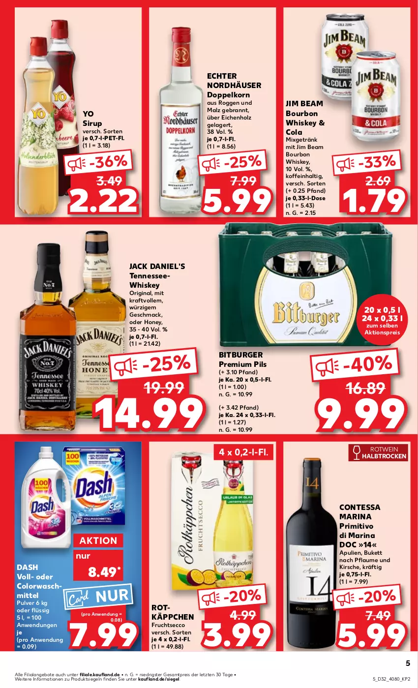 Aktueller Prospekt Kaufland - Prospekt - von 08.08 bis 14.08.2024 - strona 5 - produkty: aktionspreis, angebot, angebote, bitburger, bourbon, bourbon whiskey, burger, cola, colorwaschmittel, doppelkorn, ecco, eis, frucht, fruchtsecco, getränk, gin, Holz, jack daniel, jack daniel's, jim beam, kirsch, kirsche, korn, kraft, mac, malz, Mixgetränk, pflaume, pils, premium pils, primitivo, reis, rotkäppchen, rotwein, sirup, Ti, waschmittel, wein, whiskey, Yo, ZTE