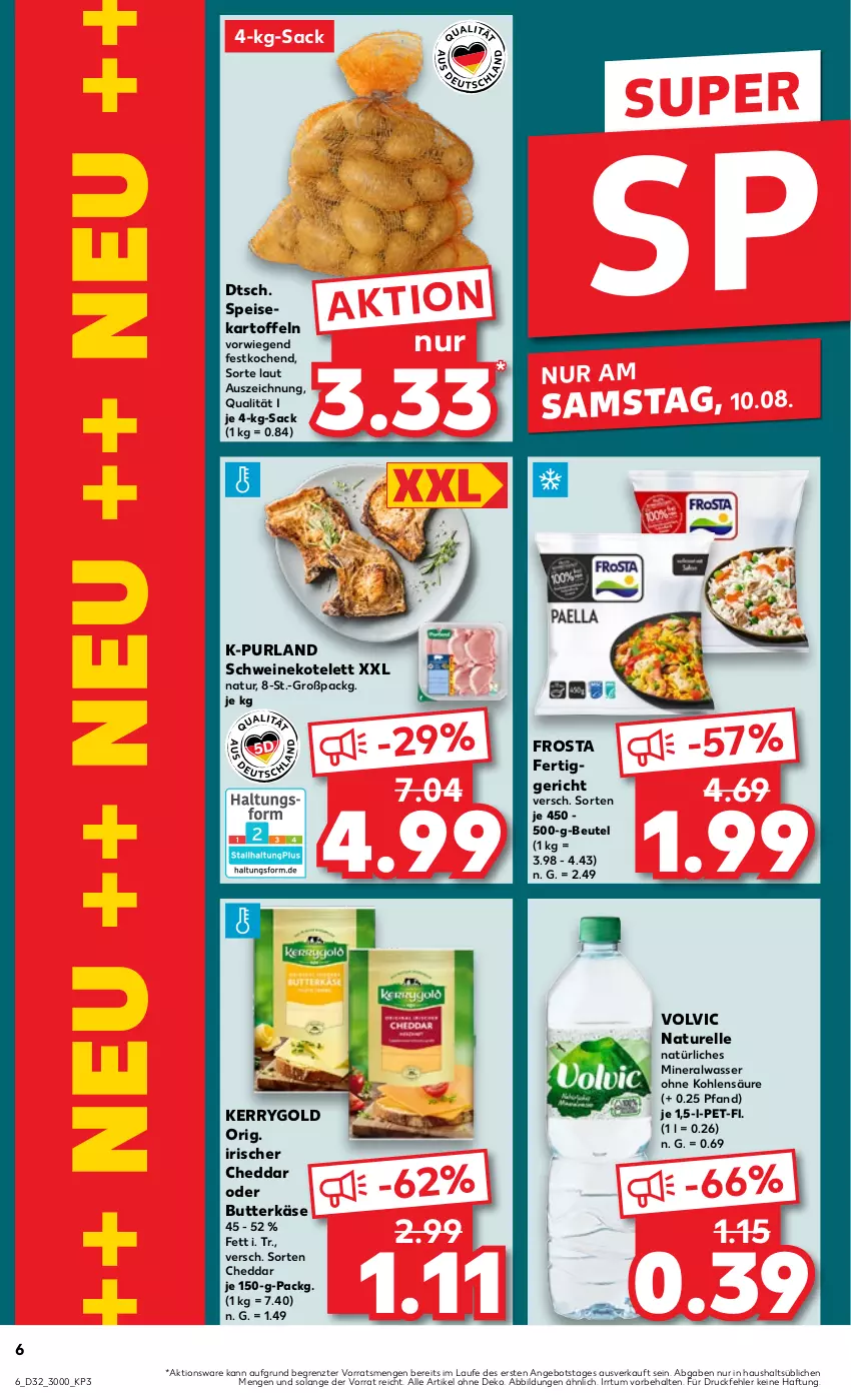 Aktueller Prospekt Kaufland - Prospekt - von 08.08 bis 14.08.2024 - strona 6 - produkty: Alwa, angebot, beutel, butter, butterkäse, cheddar, eis, elle, fertiggericht, frosta, kartoffel, kartoffeln, Käse, kerrygold, kotelett, mineralwasser, natur, natürliches mineralwasser, purland, rel, sac, schwein, schweine, schweinekotelett, speisekartoffeln, Ti, volvic, wasser, wein, weine, ZTE