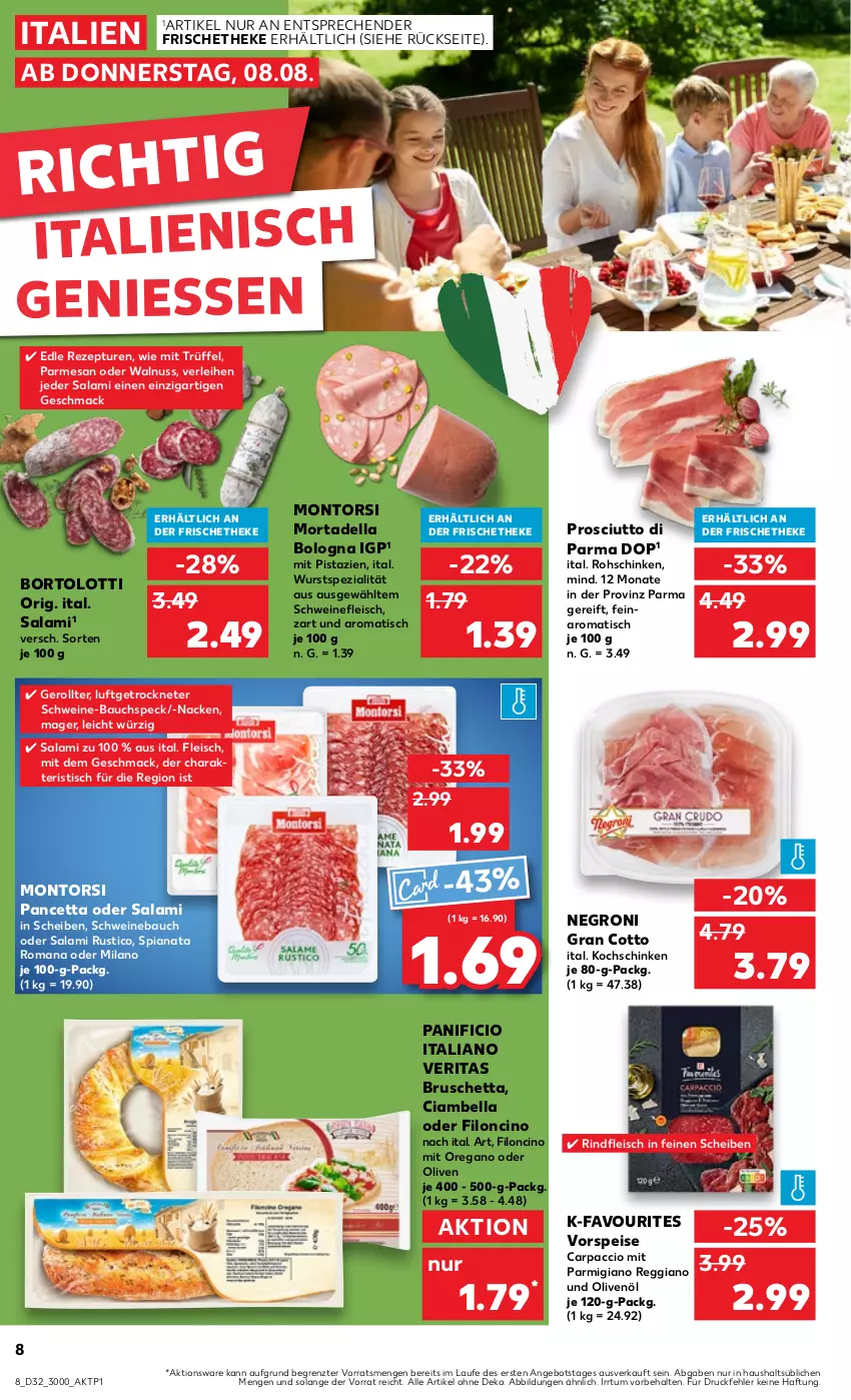 Aktueller Prospekt Kaufland - Prospekt - von 08.08 bis 14.08.2024 - strona 8 - produkty: ACC, angebot, Bau, Carpaccio, cin, dell, eis, fleisch, kochschinken, mac, mit pistazien, montorsi, mortadella, nuss, olive, oliven, olivenöl, parmigiano, parmigiano reggiano, pistazien, prosciutto, Prosciutto di Parma, reggiano, rezept, rind, rindfleisch, rohschinken, salami, schinken, schwein, schweine, schweine-bauch, Schweinebauch, schweinefleisch, Speck, Spezi, Ti, tisch, Trüffel, vorspeise, walnuss, wein, weine, wurst, ZTE