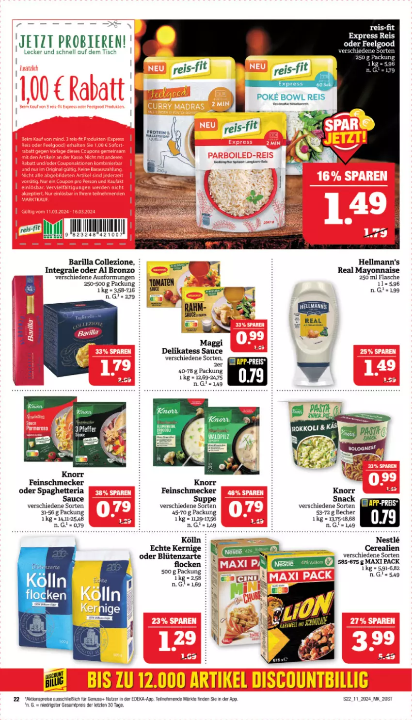 Aktueller Prospekt Marktkauf - Prospekt - von 10.03 bis 16.03.2024 - strona 22 - produkty: aktionspreis, barilla, Becher, bier, Biere, Blüte, cerealien, deka, delikatess sauce, eis, feinschmecker, flasche, Hellmann's, knorr, kölln, maggi, mayonnaise, nuss, reis, Ria, sauce, snack, suppe, Ti, tisch, tomate, tomaten, Yo, ZTE