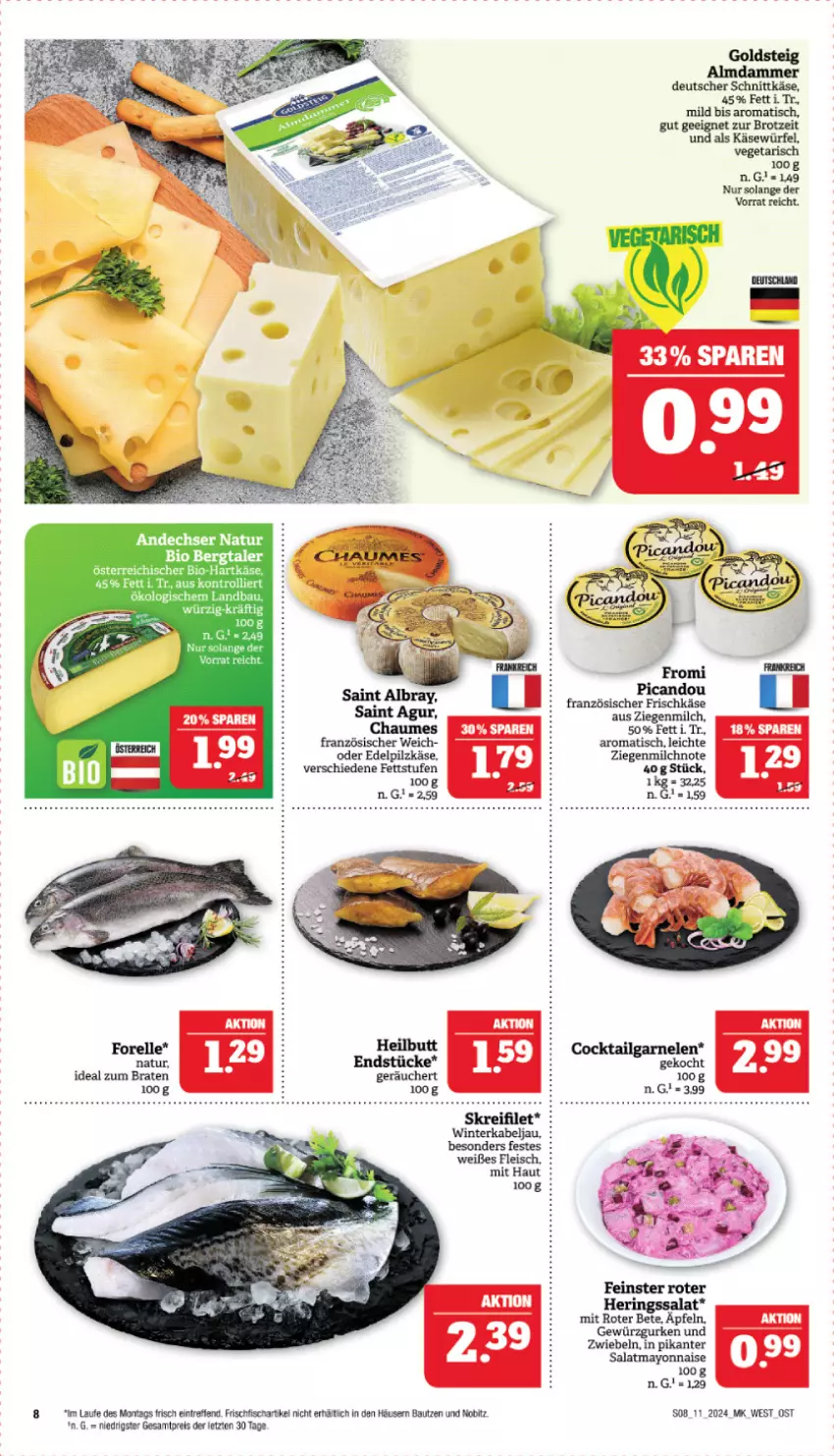 Aktueller Prospekt Marktkauf - Prospekt - von 10.03 bis 16.03.2024 - strona 8 - produkty: andechser natur, Bau, bio, braten, brot, cocktail, deutscher schnittkäse, eis, elle, filet, fisch, fleisch, forelle, frischfisch, frischkäse, garnelen, gewürz, Gewürzgurke, gewürzgurken, goldsteig, gurke, gurken, hartkäse, hering, Herings, ideal zum braten, Käse, LG, mayonnaise, milch, natur, reis, rel, ring, salat, schnittkäse, Ti, tisch, trolli, Vegeta, würfel, Yo, ZTE, zwiebel, zwiebeln