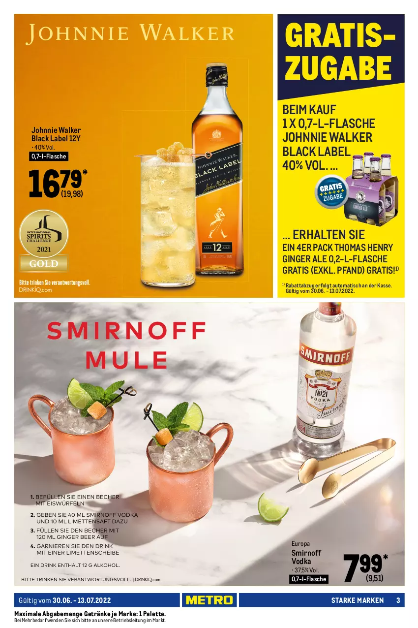 Aktueller Prospekt Metro - Starke Marken - von 30.06 bis 13.07.2022 - strona 3 - produkty: Alwa, auto, black label, coca-cola, cola, flasche, getränk, getränke, gin, ginger, ginger ale, johnnie walker, lack, LG, mineralwasser, Palette, Sierra, sierra tequila, smirnoff, tequila, thomas henry, Ti, tisch, vodka, wasser