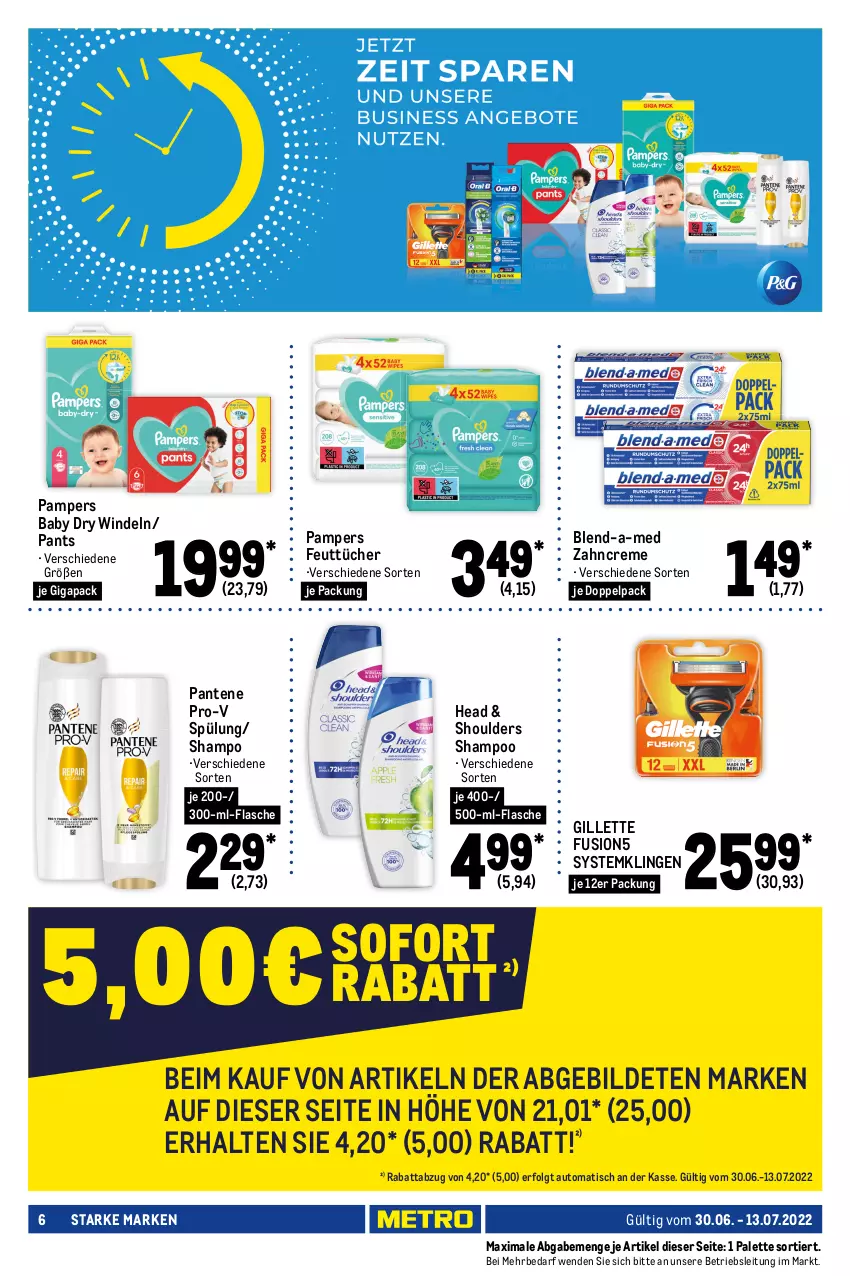 Aktueller Prospekt Metro - Starke Marken - von 30.06 bis 13.07.2022 - strona 6 - produkty: auto, axe, axe duschgel, bikini, blend-a-med, body, bodyspray, creme, deo, deo roll-on, deospray, dove, duschgel, Finish, flasche, fusion5, gillette, LG, Palette, pampers, pampers baby dry, pantene, pantene pro-v, Pants, pro-v, rasierer, rexona, roll-on, shampoo, spülung, Systemklingen, Ti, tisch, tücher, wilkinson, windeln, zahncreme