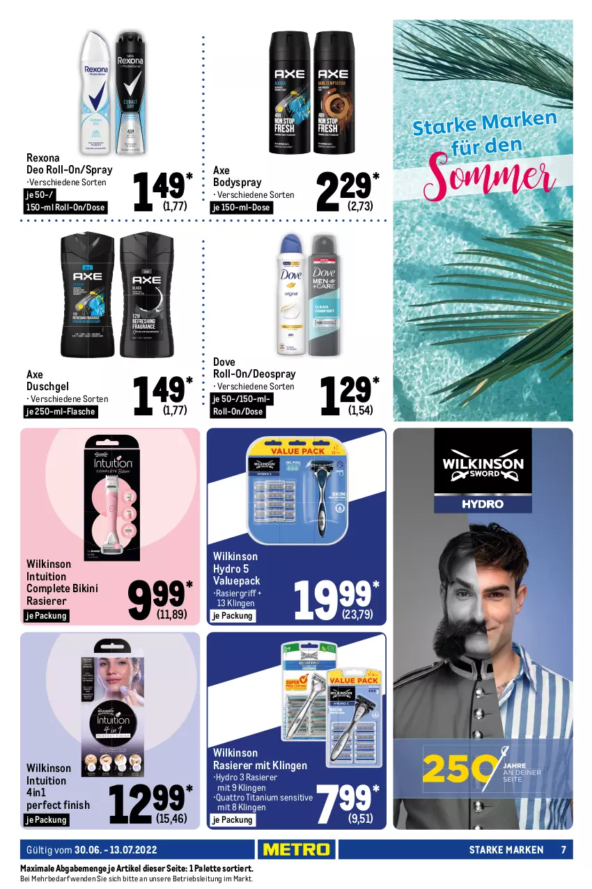 Aktueller Prospekt Metro - Starke Marken - von 30.06 bis 13.07.2022 - strona 7 - produkty: auto, axe, axe duschgel, bikini, blend-a-med, body, bodyspray, creme, deo, deo roll-on, deospray, dove, duschgel, Finish, flasche, fusion5, gillette, LG, Palette, pampers, pampers baby dry, pantene, pantene pro-v, Pants, pro-v, rasierer, rexona, roll-on, shampoo, spülung, Systemklingen, Ti, tisch, tücher, wilkinson, windeln, zahncreme