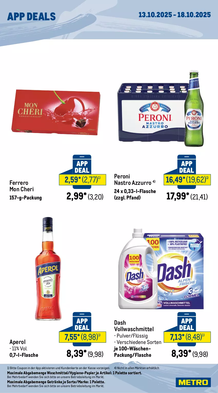 Aktueller Prospekt Metro - App Deals - von 13.10 bis 18.10.2025 - strona 2 - produkty: aperol, coupon, ferrero, flasche, getränk, getränke, Palette, papier, Peroni, Ti, vollwaschmittel, waschmittel