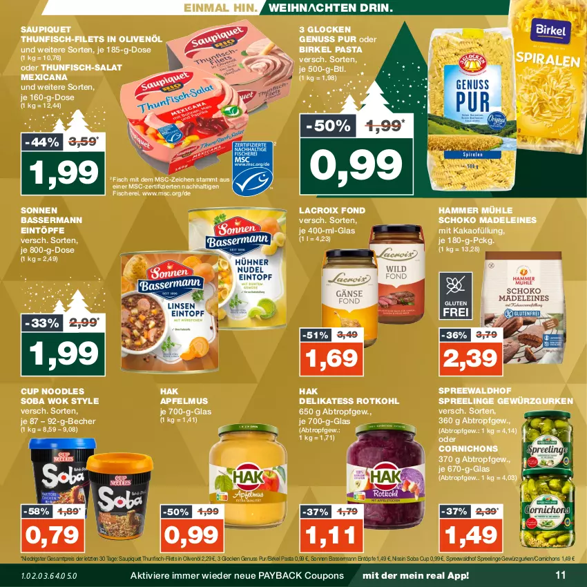 Aktueller Prospekt Real - von 04.12 bis 09.12.2023 - strona 11 - produkty: apfel, apfelmus, Becher, birkel, coupon, coupons, eintöpfe, eis, filet, filets, fisch, fische, Fischer, gewürz, Gewürzgurke, gewürzgurken, gurke, gurken, in olivenöl, kakao, leine, Nissin, nuss, olive, oliven, olivenöl, pasta, payback, reis, rotkohl, salat, saupiquet, Schere, schoko, spreewaldhof, thunfisch, Ti, weihnachten, wok, ZTE