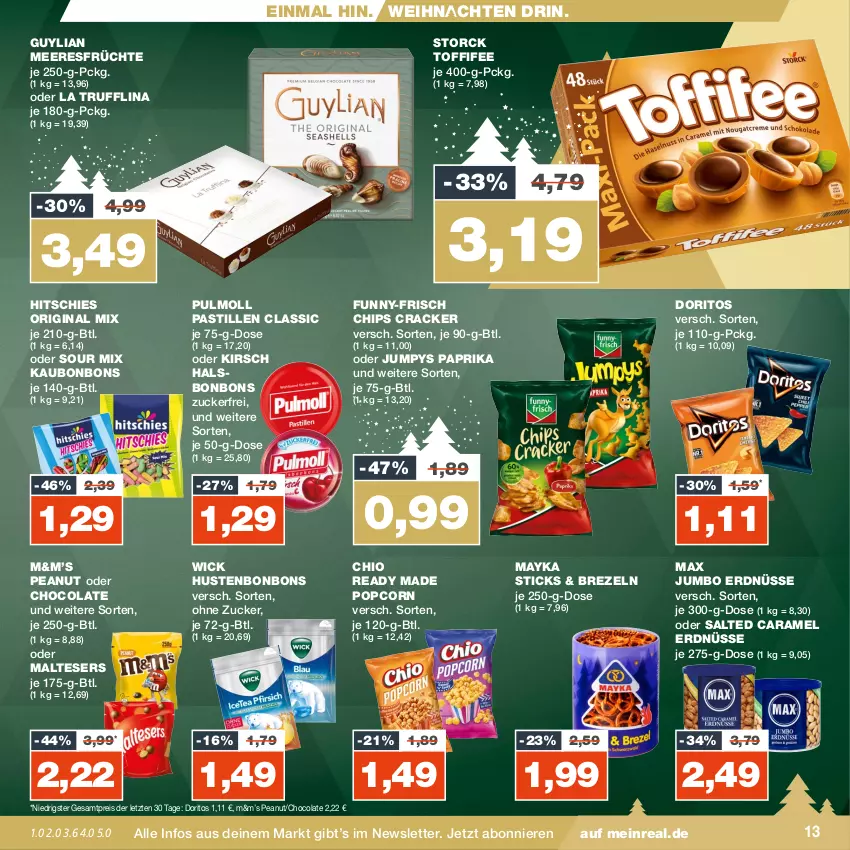 Aktueller Prospekt Real - von 04.12 bis 09.12.2023 - strona 13 - produkty: asti, bonbons, brezel, Brezeln, caramel, chips, cola, cracker, Doritos, eis, erdnüsse, früchte, funny-frisch, gin, Hustenbonbons, jumbo, kirsch, malteser, meeresfrüchte, paprika, popcorn, reis, storck, Ti, toffifee, weihnachten, WICK, ZTE, zucker