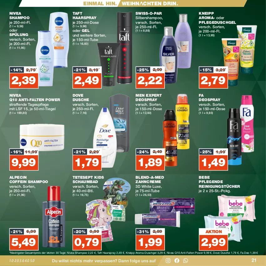 Aktueller Prospekt Real - von 04.12 bis 09.12.2023 - strona 21 - produkty: alpecin, Bad, Bebe, blend-a-med, cin, coffein, creme, deo, deospray, dove, dusche, duschgel, eis, haarspray, je 50-ml-tiegel, kneipp, LG, nivea, Q10, Reinigung, reinigungstücher, reis, schaumbad, shampoo, spülung, Swiss-o-Par, Taft, Tagespflege, Ti, tücher, weihnachten, zahncreme, ZTE