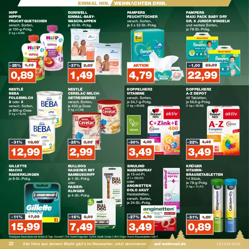 Aktueller Prospekt Real - von 04.12 bis 09.12.2023 - strona 22 - produkty: bambus, Beba, brause, Brausetabletten, Brei, Bulldog, doppelherz, duni, Duniwell, eis, feuchttücher, folgemilch, frucht, gillette, gin, hipp, krüger, LG, mac, mach3, milch, Nasenspray, nestlé, pampers, rasierer, Rasierklinge, rasierklingen, reis, rel, tablet, tablett, Tablette, Ti, tücher, vita, Vitamine, waschlappen, weihnachten, windeln, ZTE