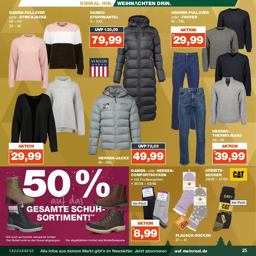 Aktueller Prospekt Real - von 04.12 bis 09.12.2023 - strona 25 - produkty: Arbeitssocken, dell, eis, Jacke, jeans, Mantel, mit frotteesohle, Mode, Pullover, socken, Spiele, Steppmante, Strickjacke, tee, Ti, weihnachten