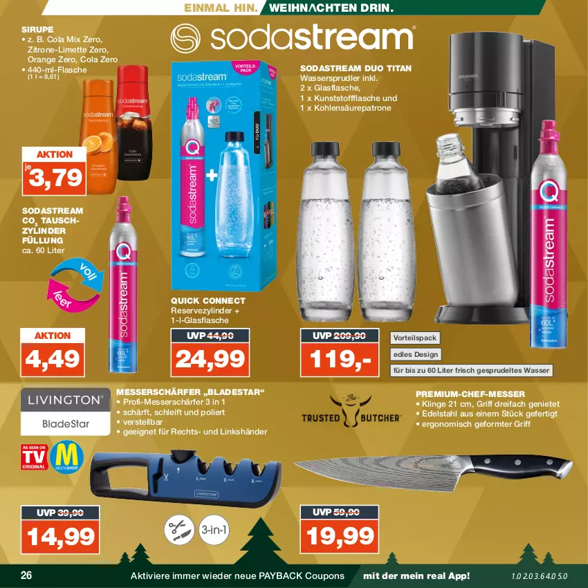 Aktueller Prospekt Real - von 04.12 bis 09.12.2023 - strona 26 - produkty: cola, coupon, coupons, edelstahl, flasche, glasflasche, limette, messer, Mett, orange, payback, sirup, Soda, sodastream, Sprudel, Ti, wasser, wassersprudler, weihnachten, zitrone