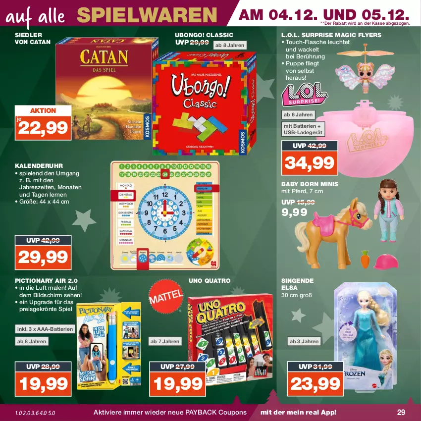 Aktueller Prospekt Real - von 04.12 bis 09.12.2023 - strona 29 - produkty: AA-Batterien, AAA-Batterien, batterie, batterien, coupon, coupons, eis, flasche, ladegerät, Leuchte, payback, Puppe, reis, Spiele, spielwaren, Ti, uhr, usb, weihnachten