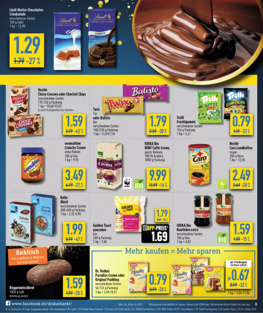 Aktueller Prospekt Diska - von 29.07 bis 03.08.2024 - strona 10 - produkty: balisto, bier, bio, bohne, bohnen, brot, chips, choclait chips, choco crossies, cola, crossies, deka, edeka bio, eis, frucht, fruchtgummi, gin, golden toast, kaffee, kölln, konfitüre, konfitüre extra, lindt, müsli, ndk, ohne palmöl, ovomaltine, pudding, reis, schoko, schokolade, Ti, Tiere, toast, trolli, ZTE