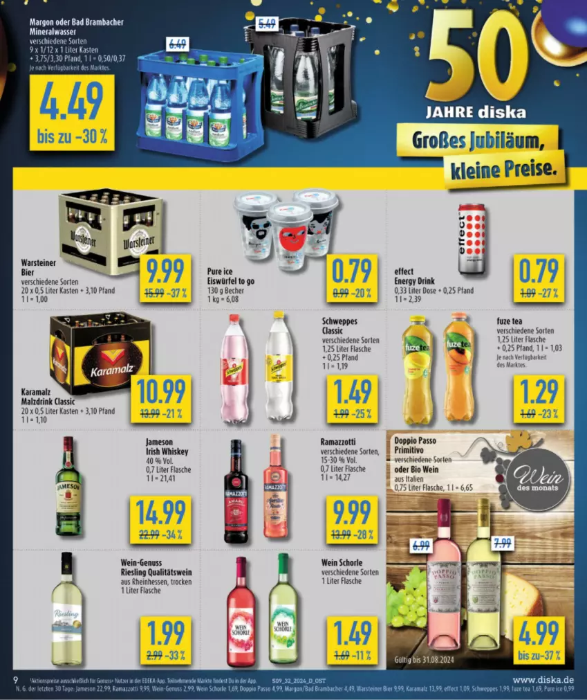 Aktueller Prospekt Diska - von 29.07 bis 03.08.2024 - strona 11 - produkty: Alwa, Bad, Becher, bier, bio, doppio passo, drink, Effect, eis, eiswürfel, energy drink, flasche, fuze tea, irish whiskey, jameson, leine, mineralwasser, nuss, passo, primitivo, qualitätswein, rama, ramazzott, ramazzotti, reis, riesling, schorle, schweppes, steiner, Ti, warsteiner, wasser, wein, whiskey, würfel, zott