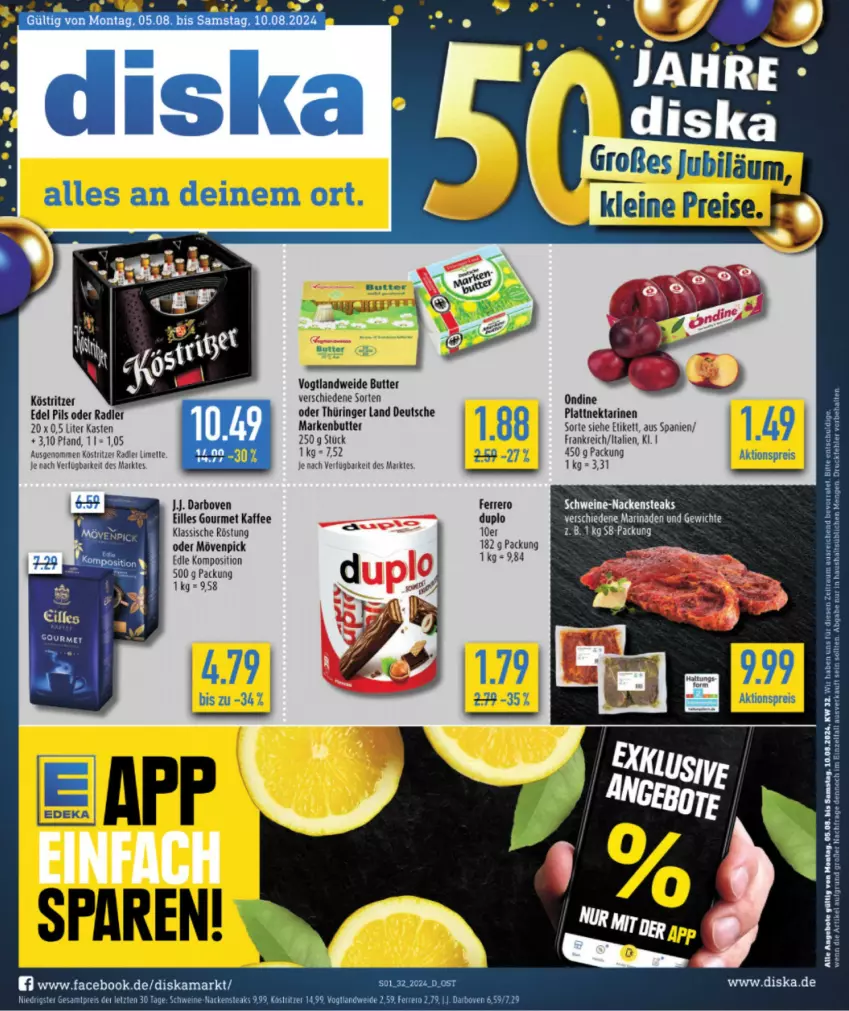 Aktueller Prospekt Diska - von 29.07 bis 03.08.2024 - strona 3 - produkty: angebot, angebote, butter, darbo, darboven, duplo, eilles gourmet, eis, ferrero, kaffee, köstritzer, lion, marinade, markenbutter, mövenpick, Nackensteak, nackensteaks, Nektar, nektarinen, oder radler, pils, radler, reis, ring, schwein, schweine, steak, steaks, Ti, wein, weine, ZTE