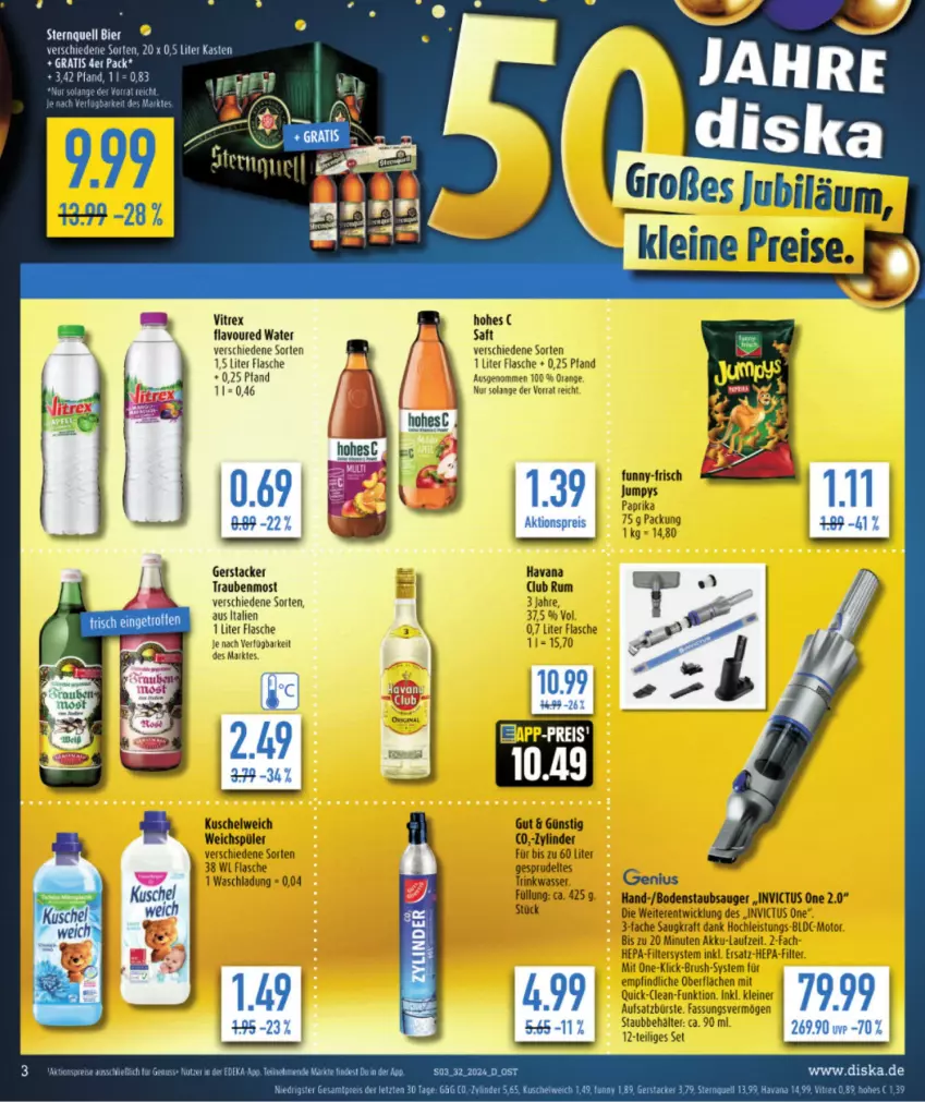 Aktueller Prospekt Diska - von 29.07 bis 03.08.2024 - strona 5 - produkty: akku, Behälter, bier, bodenstaubsauger, bürste, eis, flasche, funny-frisch, HP, kraft, Kuschelweich, leine, orange, paprika, reis, rum, saft, Sprudel, staubsauger, Ti, trauben, vitrex, wasser, weichspüler, WICK