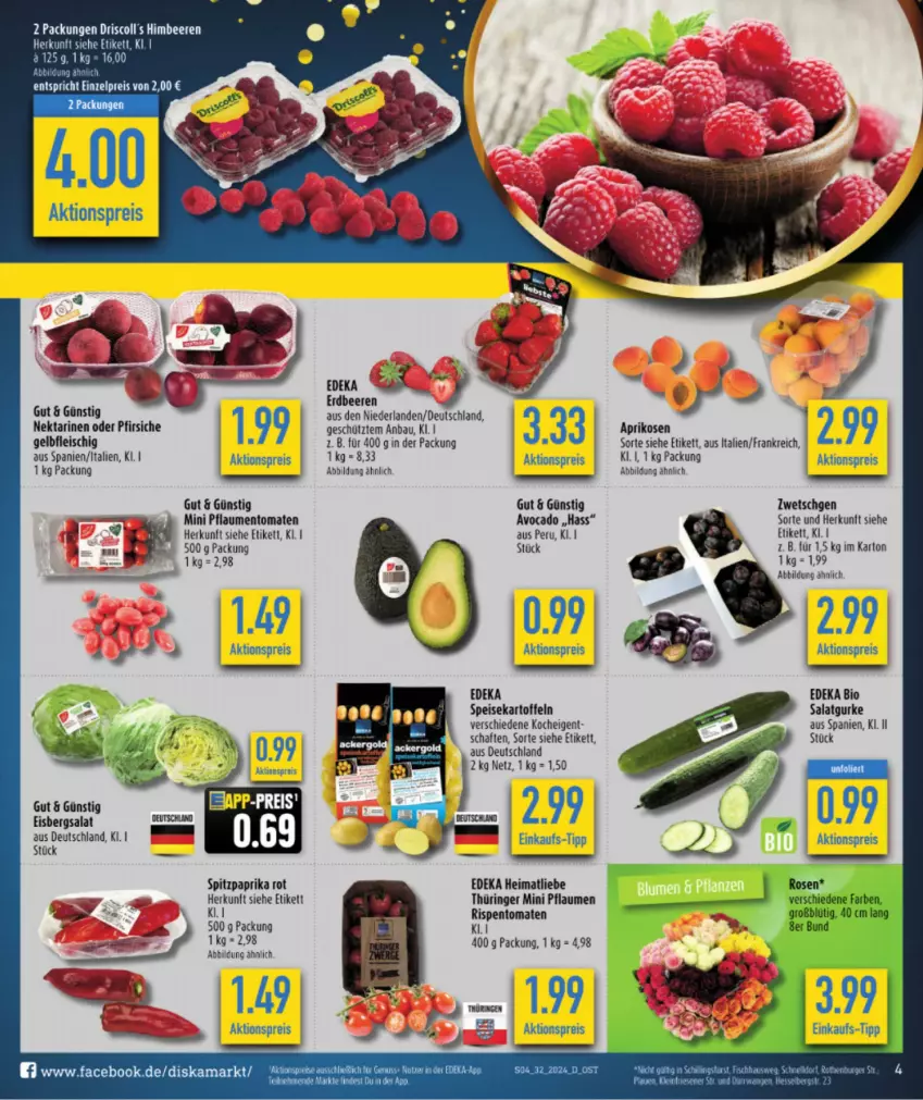 Aktueller Prospekt Diska - von 29.07 bis 03.08.2024 - strona 6 - produkty: aktionspreis, aprikose, aprikosen, avocado, Bau, beere, beeren, bio, deka, driscoll's, eis, eisbergsalat, erdbeere, erdbeeren, fleisch, gurke, himbeer, himbeere, himbeeren, kartoffel, kartoffeln, Nektar, nektarinen, nektarinen oder, nuss, oder pfirsiche, paprika, paprika rot, pfirsich, pfirsiche, pflaume, pflaumen, reis, ring, rispentomaten, salat, Salatgurke, speisekartoffeln, Spitzpaprika, Ti, tomate, tomaten, ZTE