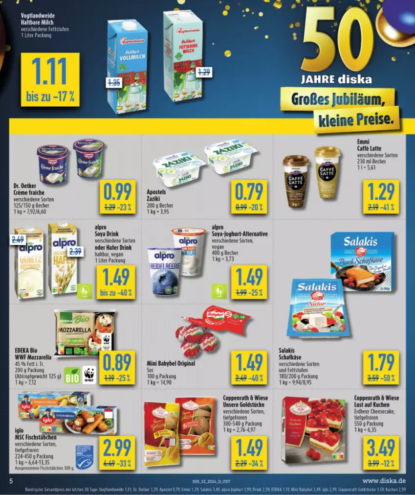 Aktueller Prospekt Diska - von 29.07 bis 03.08.2024 - strona 7 - produkty: alpro, apostels, babybel, Becher, bio, cheesecake, coppenrath, deka, drink, edeka bio, eis, emmi, fisch, fischstäbchen, gin, Goldstücke, hafer, haltbare milch, joghur, joghurt, Käse, kuchen, latte, leine, LG, Lust auf Kuchen, milch, mini babybel, mozzarella, reis, rel, salakis, schafkäse, soya, Ti