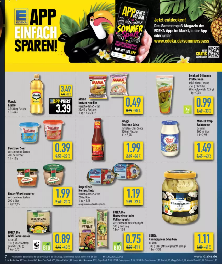 Aktueller Prospekt Diska - von 29.07 bis 03.08.2024 - strona 9 - produkty: Bau, bio, champignon, champignons, chili, creme, decke, deka, dittmann, edeka bio, eis, feinkost, filet, filets, flasche, gemüsemais, gin, hartweizen, hering, Herings, heringsfilets, keimöl, korn, magazin, maggi, mais, mazola, miracel, miracel whip, natur, pasta, pfeffer, pfefferonen, reis, ring, salat, salatcreme, Salsa, sauce, senf, tee, texicana, Texicana Salsa, Ti, tomate, tomaten, wurst