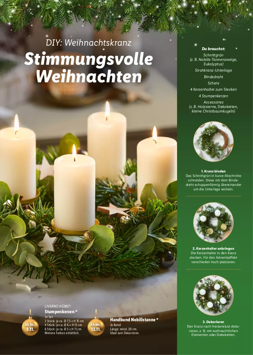 Aktueller Prospekt Lidl - Magische Weihnachtszeit - von 09.11 bis 24.12.2023 - strona 13 - produkty: ACC, accessoires, Bau, Baumkugel, binden, Draht, ente, Holz, kerze, Kerzenhalter, Kette, Kranz, Kugel, leine, Rauch, ring, Schere, Strohkranz, Ti, weihnachten, Weihnachtskranz, WICK