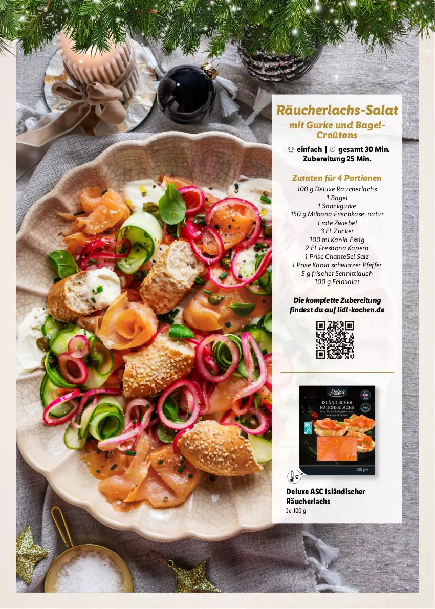 Aktueller Prospekt Lidl - Magische Weihnachtszeit - von 09.11 bis 24.12.2023 - strona 17 - produkty: Bagel, Bona, essig, feldsalat, frischkäse, gurke, Käse, lachs, Milbona, natur, pfeffer, Räucherlachs, Rote Zwiebel, salat, salz, schnittlauch, snack, Ti, zucker, zwiebel