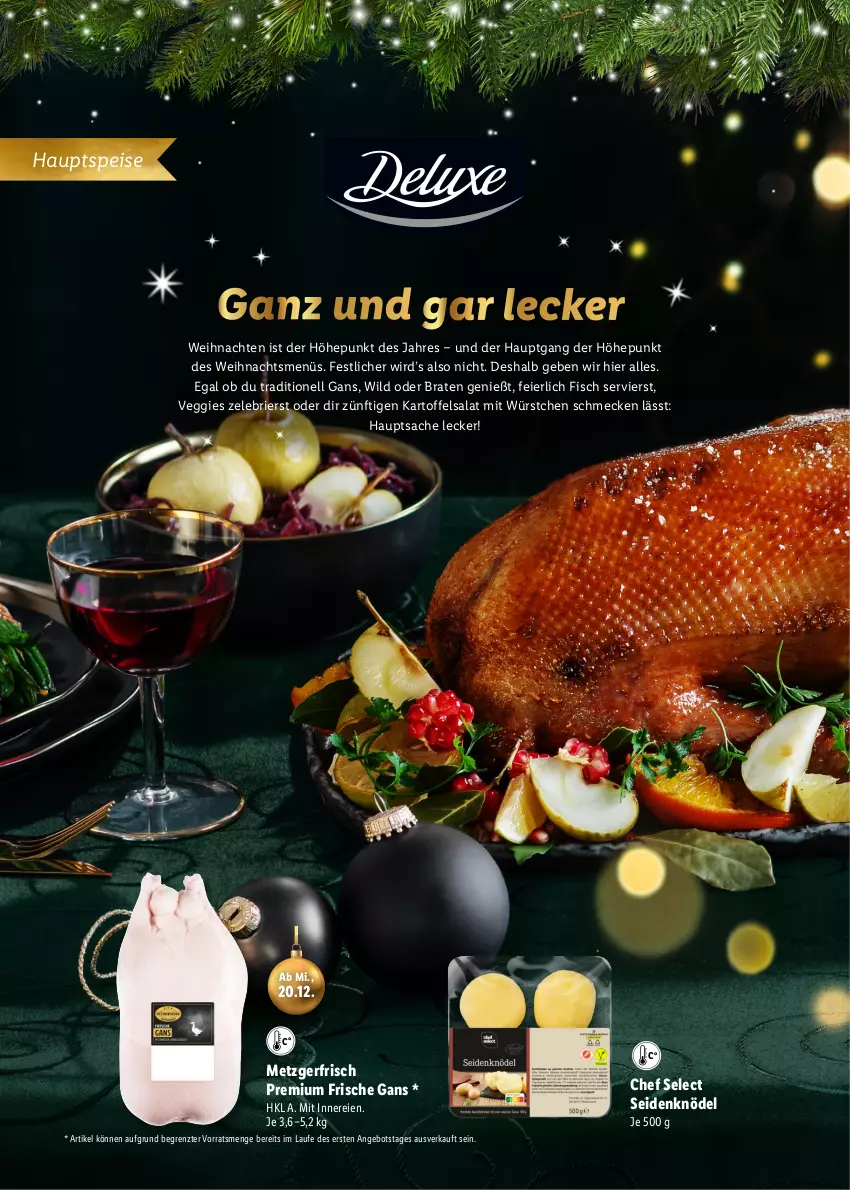 Aktueller Prospekt Lidl - Magische Weihnachtszeit - von 09.11 bis 24.12.2023 - strona 18 - produkty: angebot, braten, brie, eier, eis, fisch, Frische Gans, kartoffel, kartoffelsalat, Knödel, mit würstchen, sac, salat, Ti, veggie, weihnachten, Wild, würstchen, ZTE