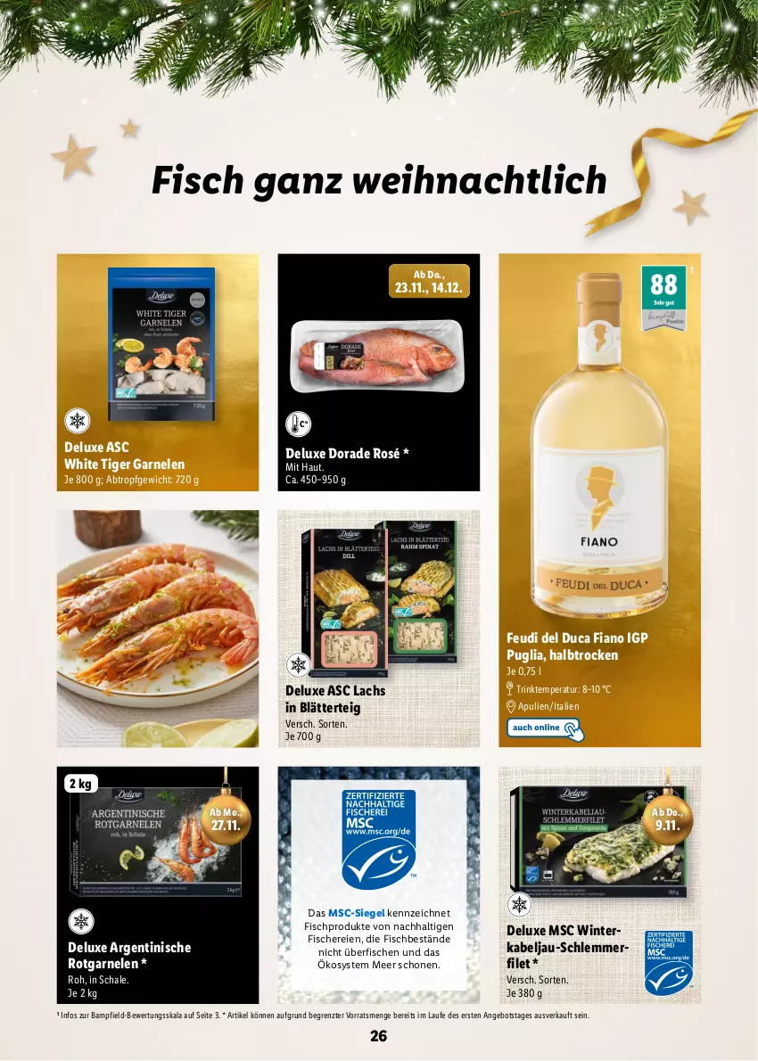 Aktueller Prospekt Lidl - Magische Weihnachtszeit - von 09.11 bis 24.12.2023 - strona 26 - produkty: angebot, blätterteig, Dorade, filet, fisch, fische, Fischer, garnelen, lachs, Schal, Schale, Schere, schlemmerfilet, Ti, ZTE