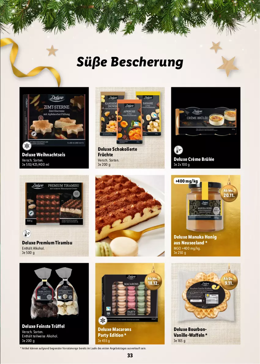 Aktueller Prospekt Lidl - Magische Weihnachtszeit - von 09.11 bis 24.12.2023 - strona 33 - produkty: alkohol, angebot, bourbon, bourbonvanille, Crème Brûlée, eis, Elan, früchte, honig, mac, Macarons, Manuka Honig, nuk, schoko, Ti, tiramisu, Trüffel, vanille, waffeln, ZTE