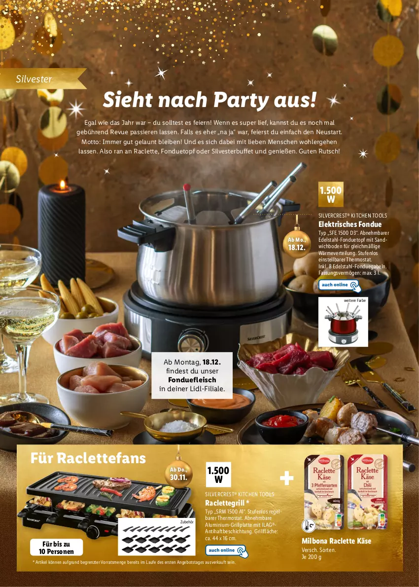 Aktueller Prospekt Lidl - Magische Weihnachtszeit - von 09.11 bis 24.12.2023 - strona 36 - produkty: angebot, Bona, edelstahl, eier, eis, fleisch, Fondue, gabel, grill, grillfläche, grillplatte, ilag, Käse, latte, Milbona, Raclette Käse, Raclettegrill, sandwich, silvercrest, thermostat, Ti, topf, ZTE