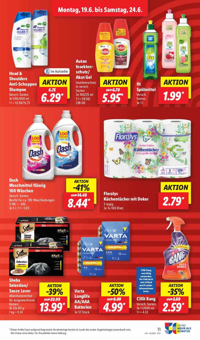 Aktueller Prospekt Lidl - Aktionsprospekt - von 19.06 bis 24.06.2023 - strona 13 - produkty: alleinfuttermittel, angebot, Autan, batterie, batterien, Cillit, cillit bang, eis, elle, Floralys, insektenschutz, küche, Küchen, küchentücher, longlife, Rauch, reis, rwe, sauce, sekt, shampoo, sheba, spülmittel, teller, Ti, tücher, varta, waschmittel, ZTE