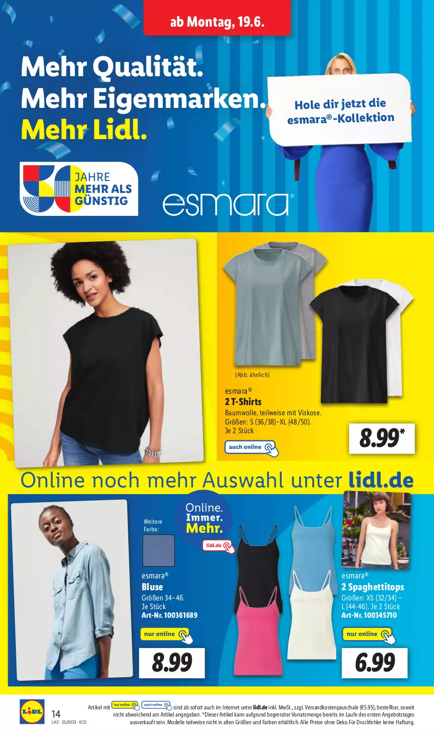 Aktueller Prospekt Lidl - Aktionsprospekt - von 19.06 bis 24.06.2023 - strona 16 - produkty: angebot, Bau, baumwolle, bluse, dell, eis, elle, esmara, Mode, ndk, reis, Schal, Schale, shirt, shirts, spaghetti, T-Shirt, Ti, wolle, ZTE