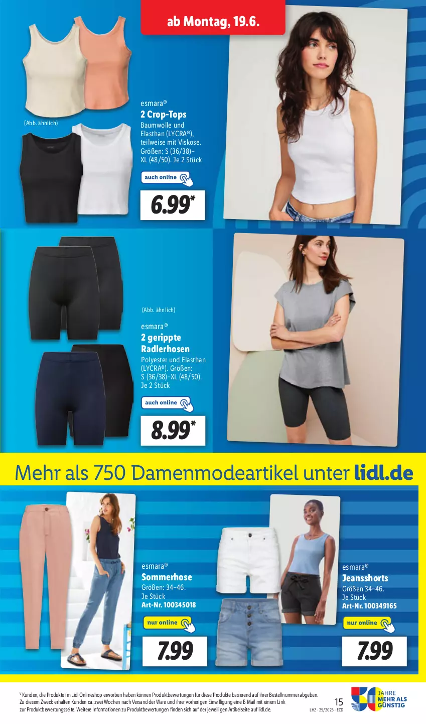 Aktueller Prospekt Lidl - Aktionsprospekt - von 19.06 bis 24.06.2023 - strona 17 - produkty: Bau, baumwolle, eis, esmara, hose, hosen, jeans, Mode, radler, shorts, Ti, weck, wolle