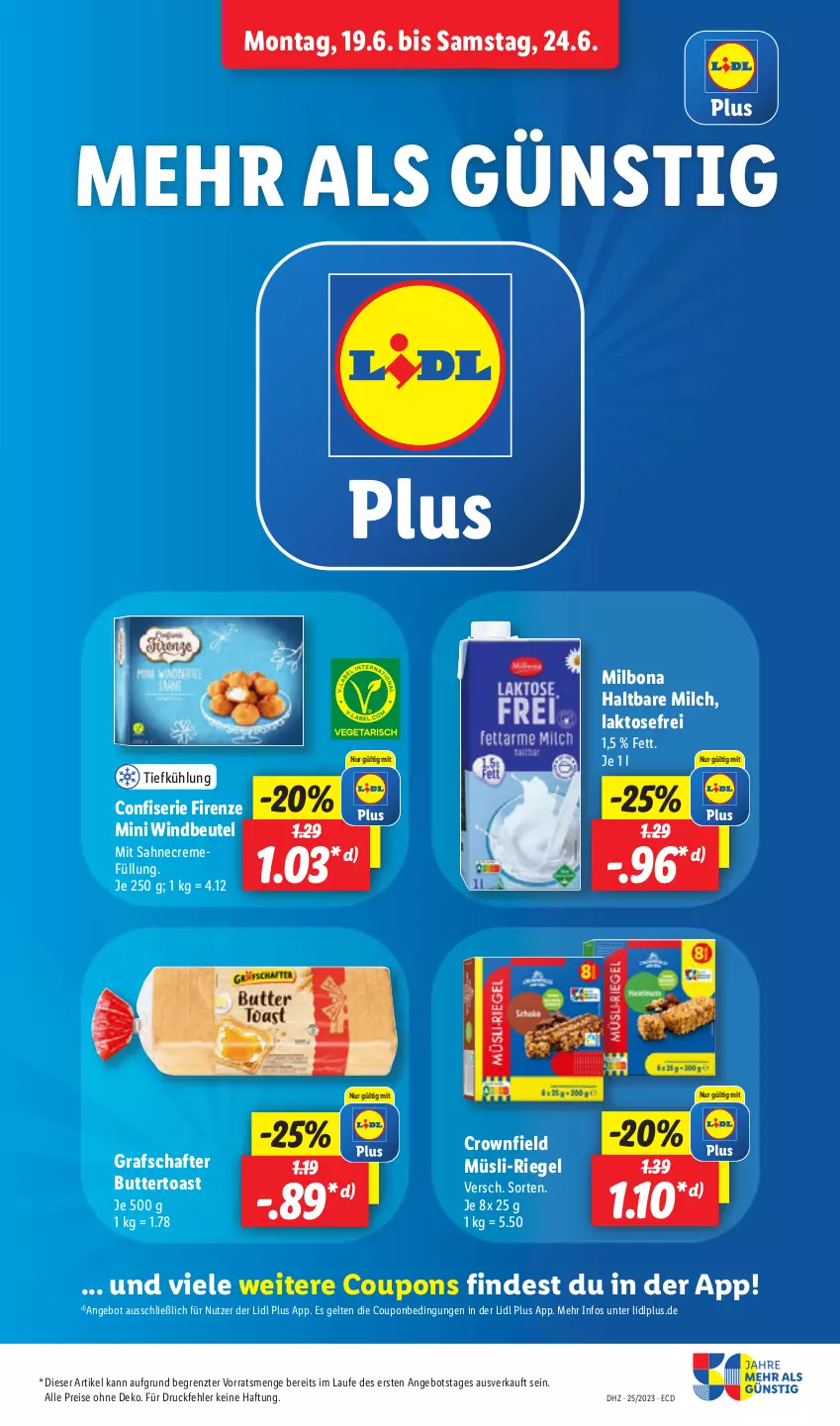 Aktueller Prospekt Lidl - Aktionsprospekt - von 19.06 bis 24.06.2023 - strona 21 - produkty: angebot, beutel, Bona, butter, Buttertoast, coupon, coupons, creme, eis, grafschafter, haltbare milch, Milbona, milch, müsli, reis, riegel, sahne, Ti, toast, Windbeutel, ZTE