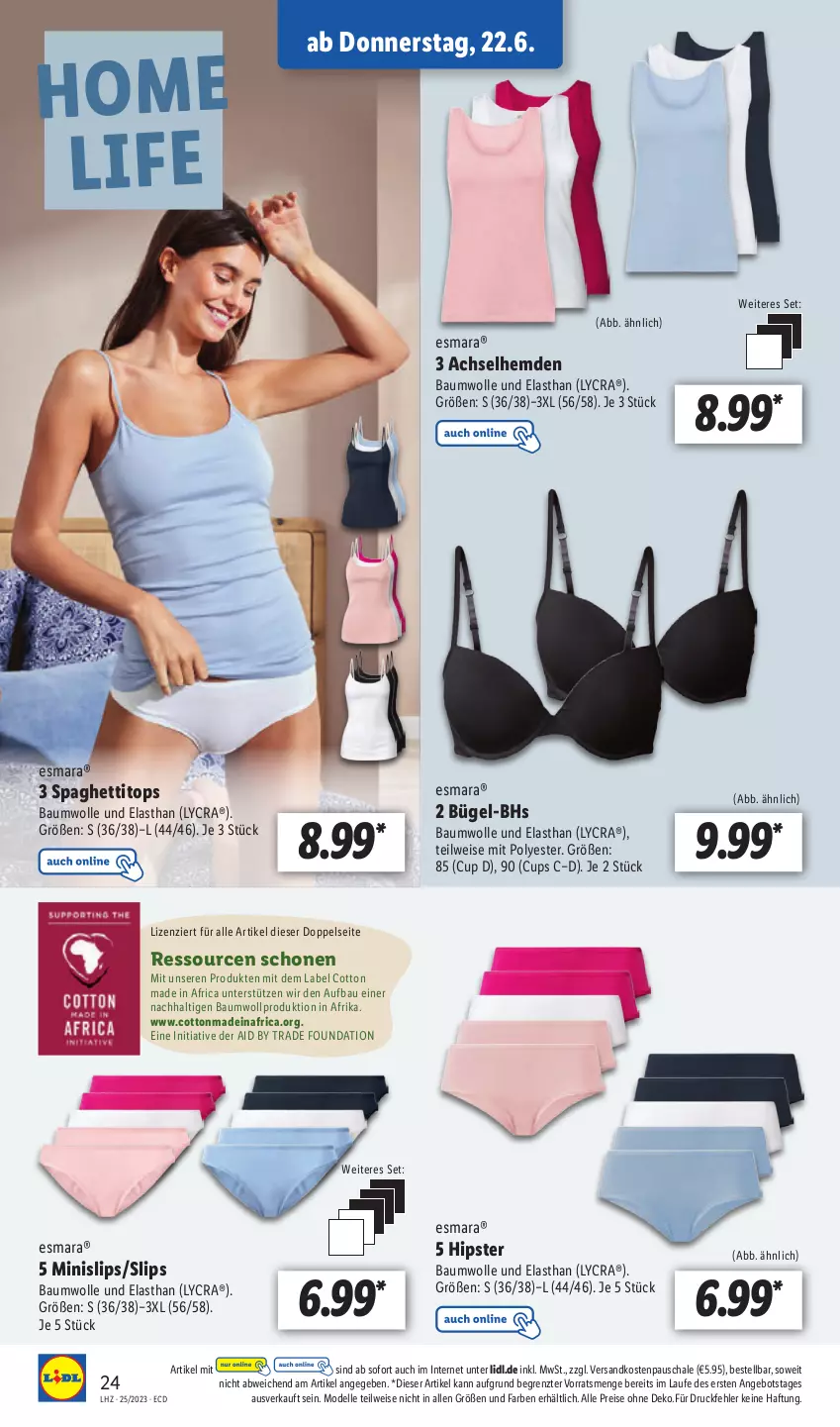 Aktueller Prospekt Lidl - Aktionsprospekt - von 19.06 bis 24.06.2023 - strona 28 - produkty: achselhemd, angebot, Bau, baumwolle, dell, eis, elle, esmara, hemd, hemden, Minislip, Mode, ndk, reis, Schal, Schale, slip, slips, spaghetti, Ti, wolle, ZTE