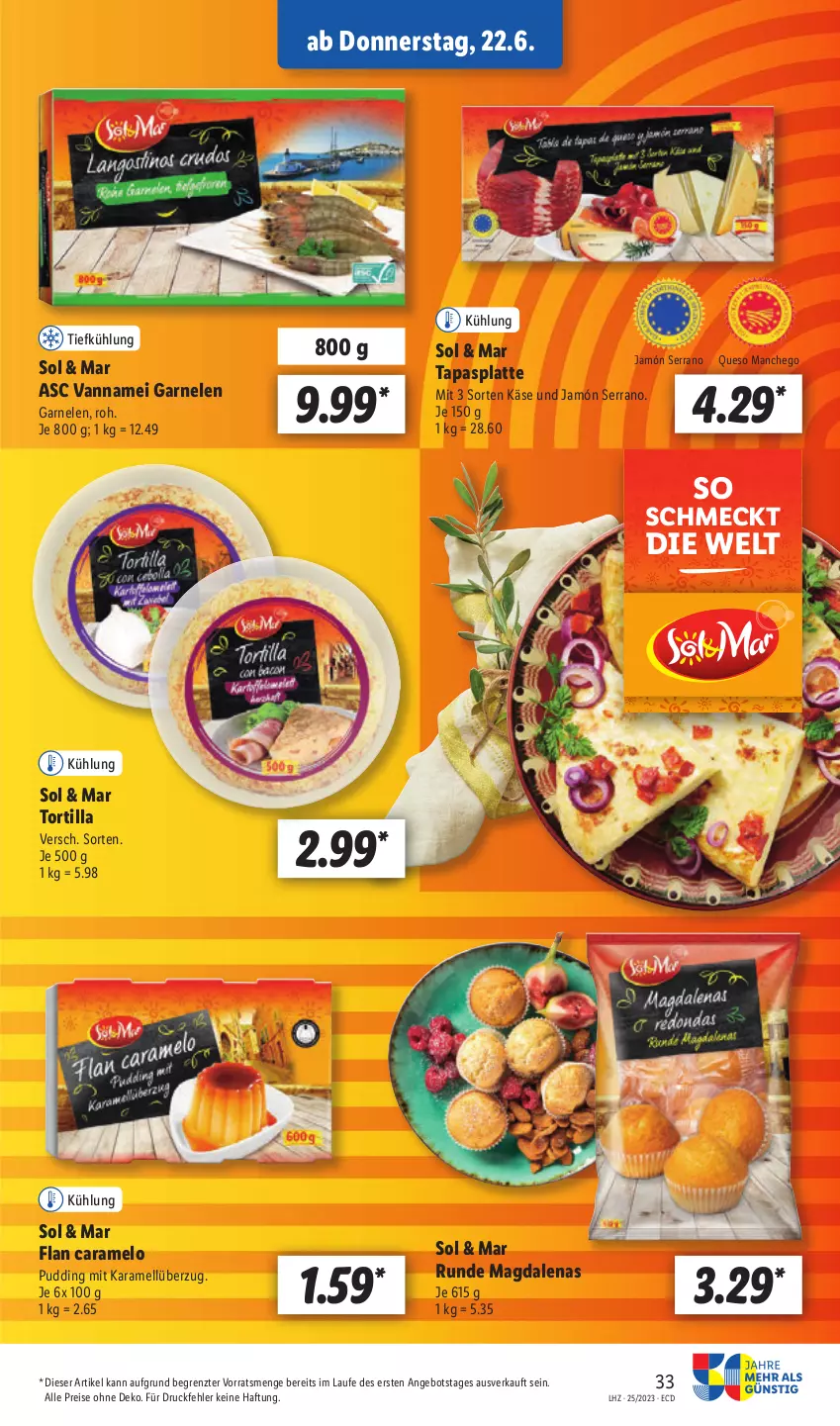 Aktueller Prospekt Lidl - Aktionsprospekt - von 19.06 bis 24.06.2023 - strona 37 - produkty: angebot, caramel, eis, garnelen, jamón serrano, karamell, Käse, latte, Manchego, pudding, reis, serrano, Tapas, Ti, tortilla, ZTE