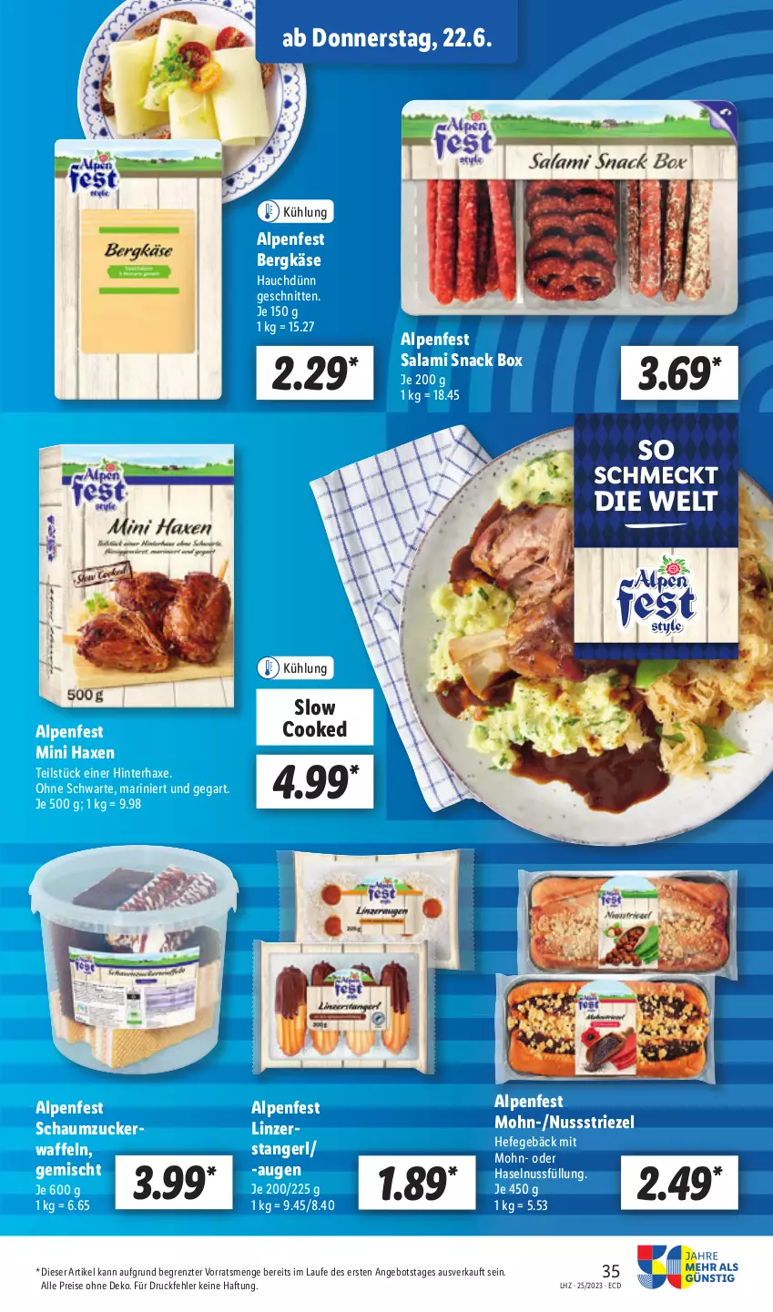 Aktueller Prospekt Lidl - Aktionsprospekt - von 19.06 bis 24.06.2023 - strona 39 - produkty: angebot, axe, Bergkäse, eis, haselnuss, Haxe, Hefe, Käse, nuss, reis, salami, Schaumzucker, schnitten, snack, Ti, waffeln, ZTE, zucker