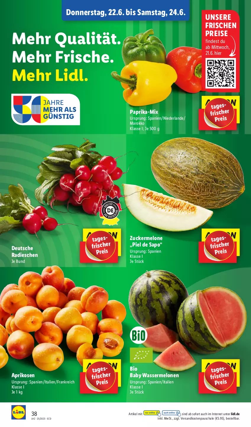 Aktueller Prospekt Lidl - Aktionsprospekt - von 19.06 bis 24.06.2023 - strona 42 - produkty: aprikose, aprikosen, bio, eis, melone, melonen, ndk, paprika, radieschen, reis, Schal, Schale, Ti, wasser, wassermelone, wassermelonen, zucker, Zuckermelone