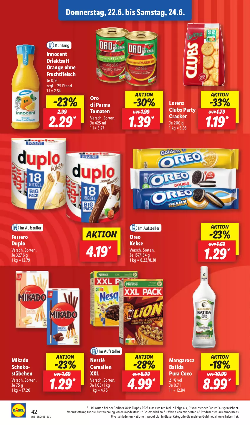 Aktueller Prospekt Lidl - Aktionsprospekt - von 19.06 bis 24.06.2023 - strona 46 - produkty: batida, berliner, cerealien, cracker, discount, duplo, eis, elle, ente, ferrero, fleisch, frucht, fruchtfleisch, Innocent, keks, kekse, LG, lorenz, mangaroca, mikado, nestlé, orange, oreo, oro di parma, saft, schoko, teller, Ti, tomate, tomaten, wein, weine