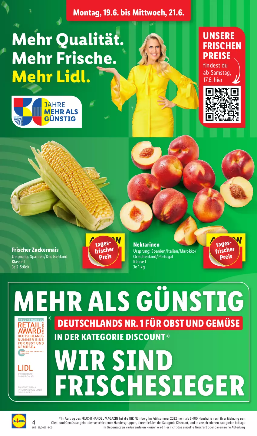 Aktueller Prospekt Lidl - Aktionsprospekt - von 19.06 bis 24.06.2023 - strona 6 - produkty: Abtei, angebot, discount, eis, ente, frucht, magazin, mais, Nektar, nektarinen, obst, Obst und Gemüse, reis, Ti, und gemüse, zucker, zuckermais