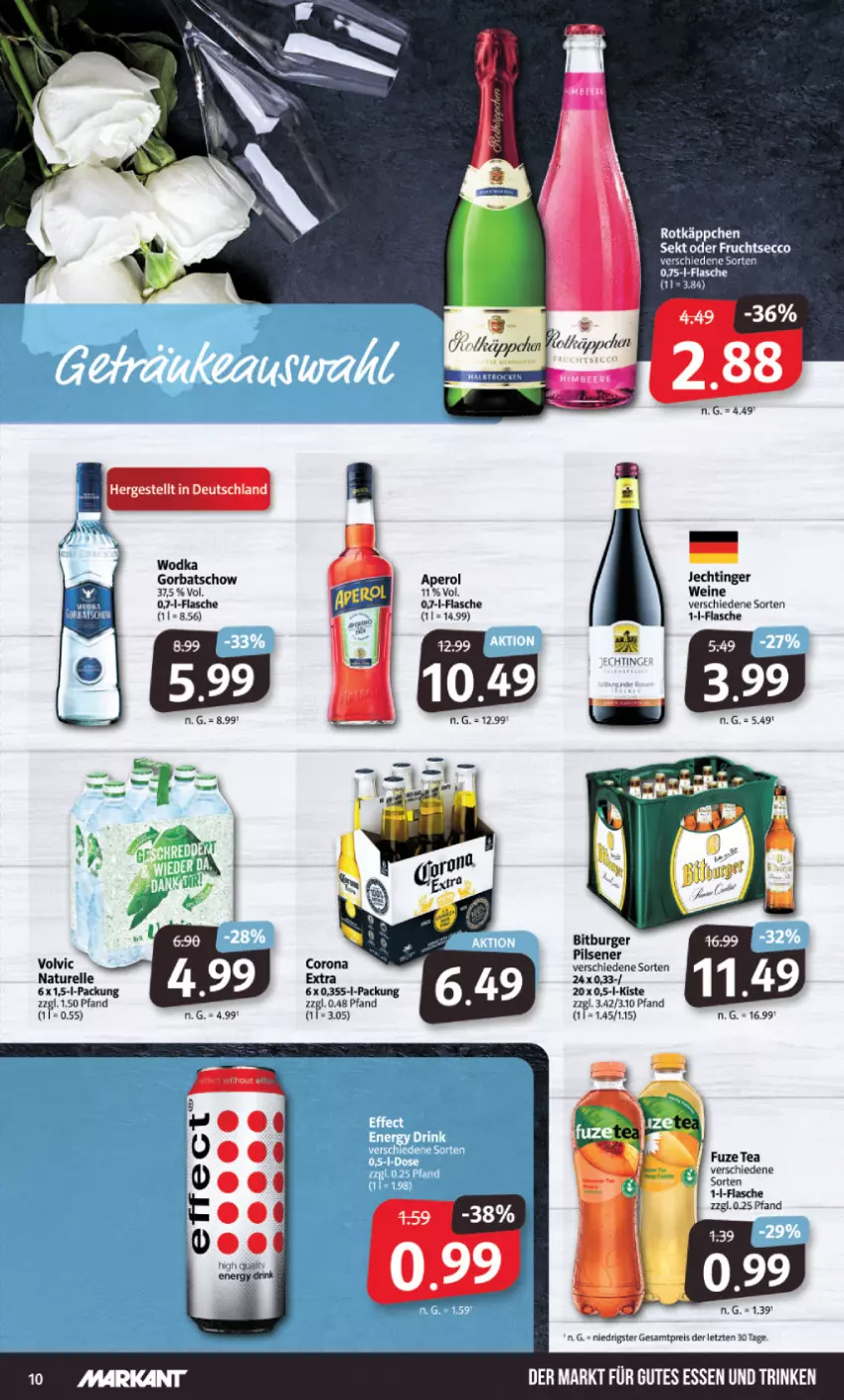 Aktueller Prospekt Markant - Prospekte - von 19.06 bis 24.06.2023 - strona 10 - produkty: aperol, bitburger, burger, corona, ecco, eis, elle, flasche, frucht, fruchtsecco, fuze tea, Gorbatschow, gutes essen, natur, pils, pilsener, reis, rel, rotkäppchen, sekt, Ti, volvic, wein, weine, wodka, ZTE