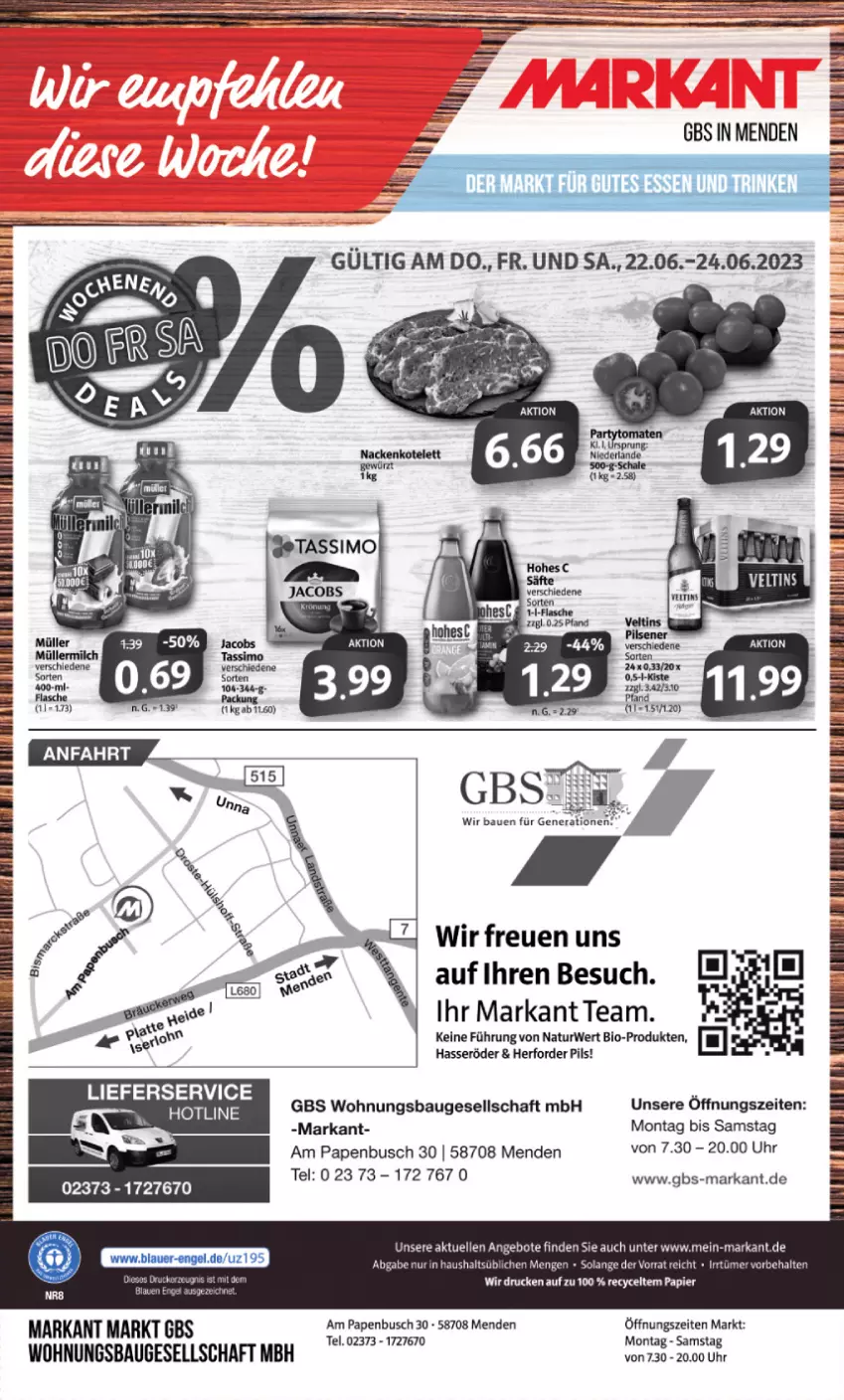 Aktueller Prospekt Markant - Prospekte - von 19.06 bis 24.06.2023 - strona 12 - produkty: angebot, angebote, Bau, bio, elle, erde, hasseröder, jacobs, lieferservice, natur, pils, rwe, Ti, uhr