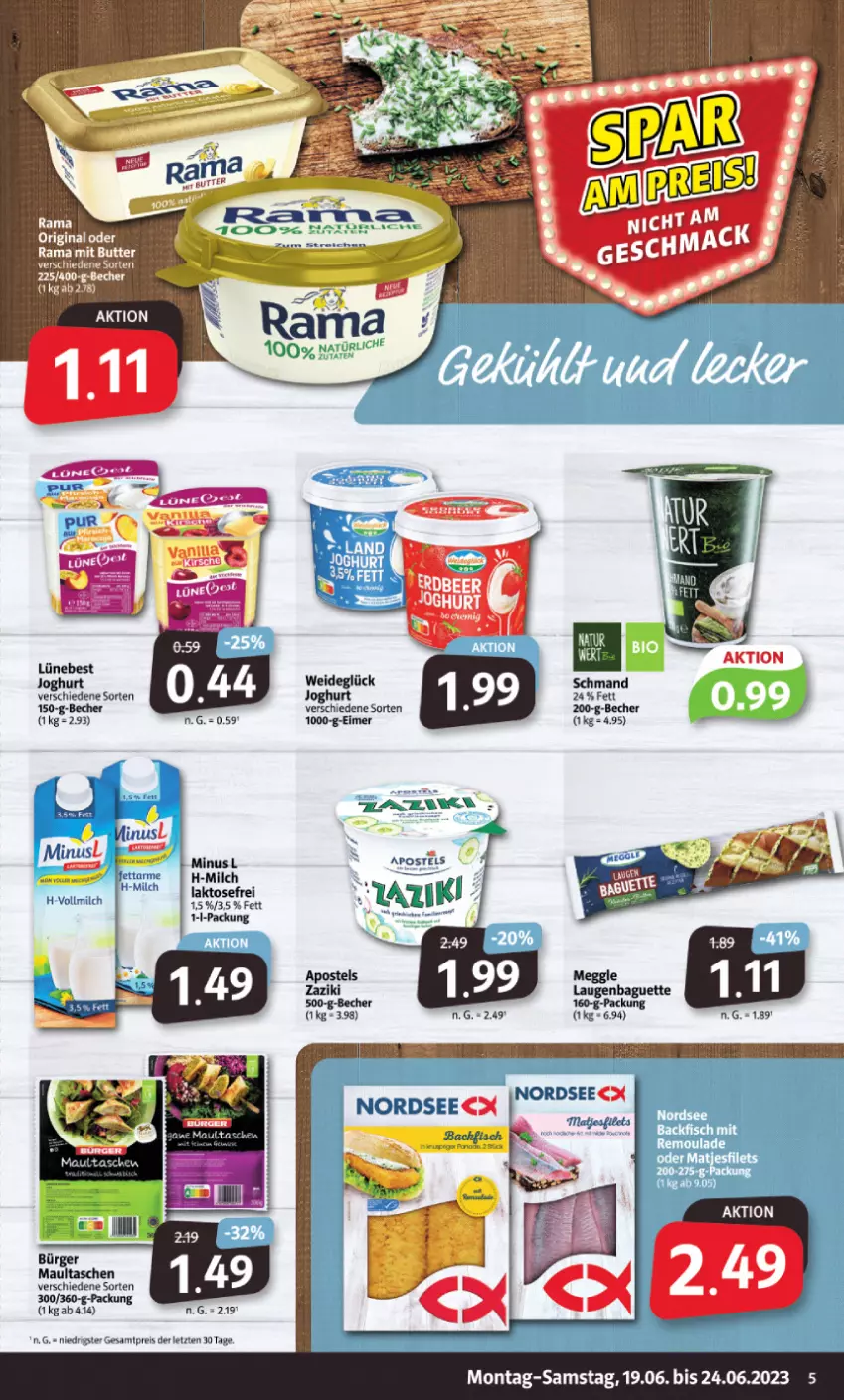 Aktueller Prospekt Markant - Prospekte - von 19.06 bis 24.06.2023 - strona 5 - produkty: apostels, baguette, Becher, butter, eimer, eis, Elan, joghur, joghurt, maultaschen, meggle, milch, rama, reis, schmand, Tasche, taschen, Ti, vollmilch, zaziki, ZTE